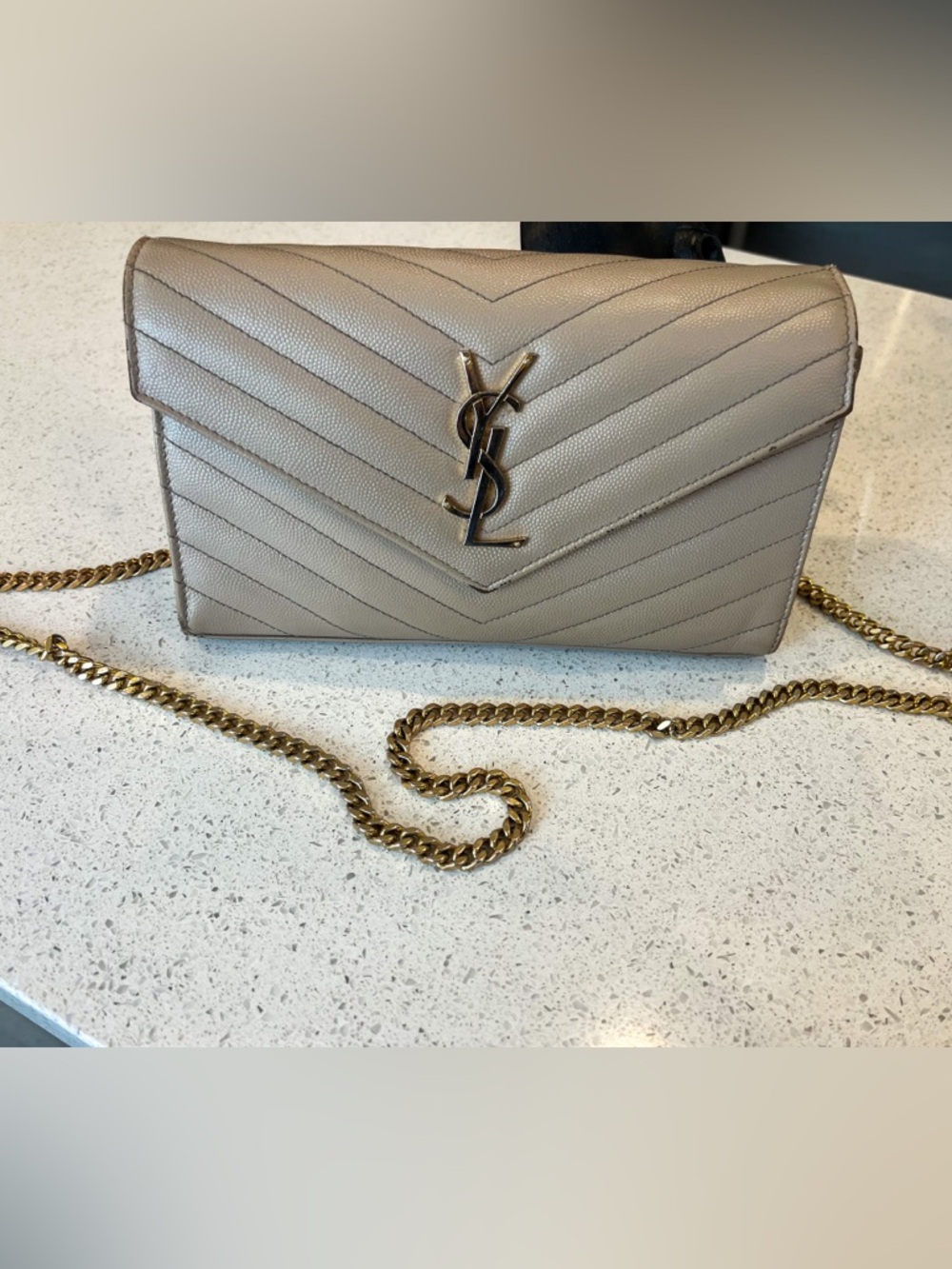 Saint Laurent YSL Monogram purse on Chain in Grained Leather